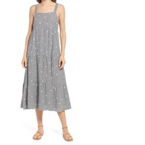 Madewell Embroidered Gingham Tiered Midi Dress